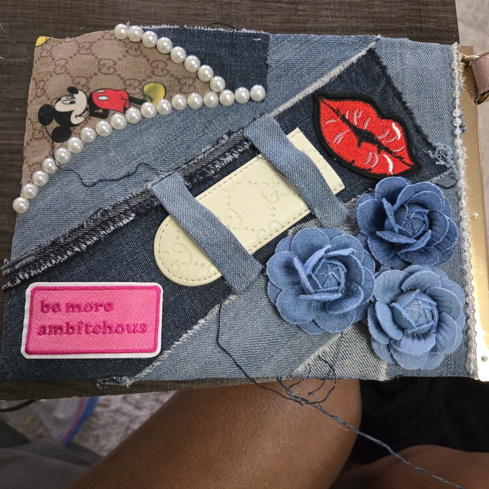 2 Pc Set Denim Patchwork Clutch And Matching Cuff Bracelet with Embellishments